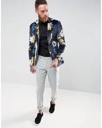 Asos Super Skinny Suit Jacket In Navy Velvet With Bright Floral Print