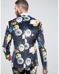 Asos Super Skinny Suit Jacket In Navy Velvet With Bright Floral Print