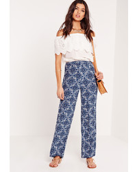 Missguided Moroccan Print Wide Leg Trousers Blue