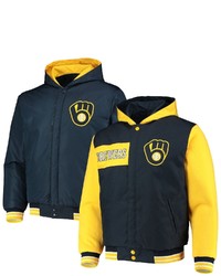 JH DESIGN Navygold Milwaukee Brewers Reversible Poly Twill Full Snap Hoodie Jacket At Nordstrom