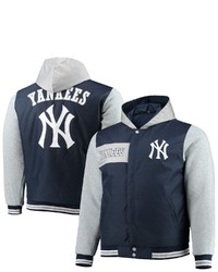 JH DESIGN Navygray New York Yankees Big Tall Reversible Twill Full Snap Hoodie Jacket At Nordstrom