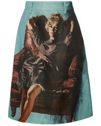 Prada Printed Wool And Silk Blend Skirt Light Blue