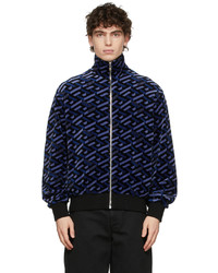 Versace Blue Black Chenille Monogram Zip Up Jacket