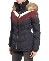Vince Camuto Belted Down Feather Fill Coat With Faux Fur Trim Hood