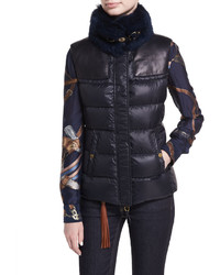 Ralph Lauren Collection Taryn Leather Trim Down Vest With Fur Collar