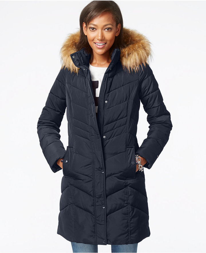 Hilfiger Faux Fur Trim Chevron Quilted Coat, $225 Macy's | Lookastic