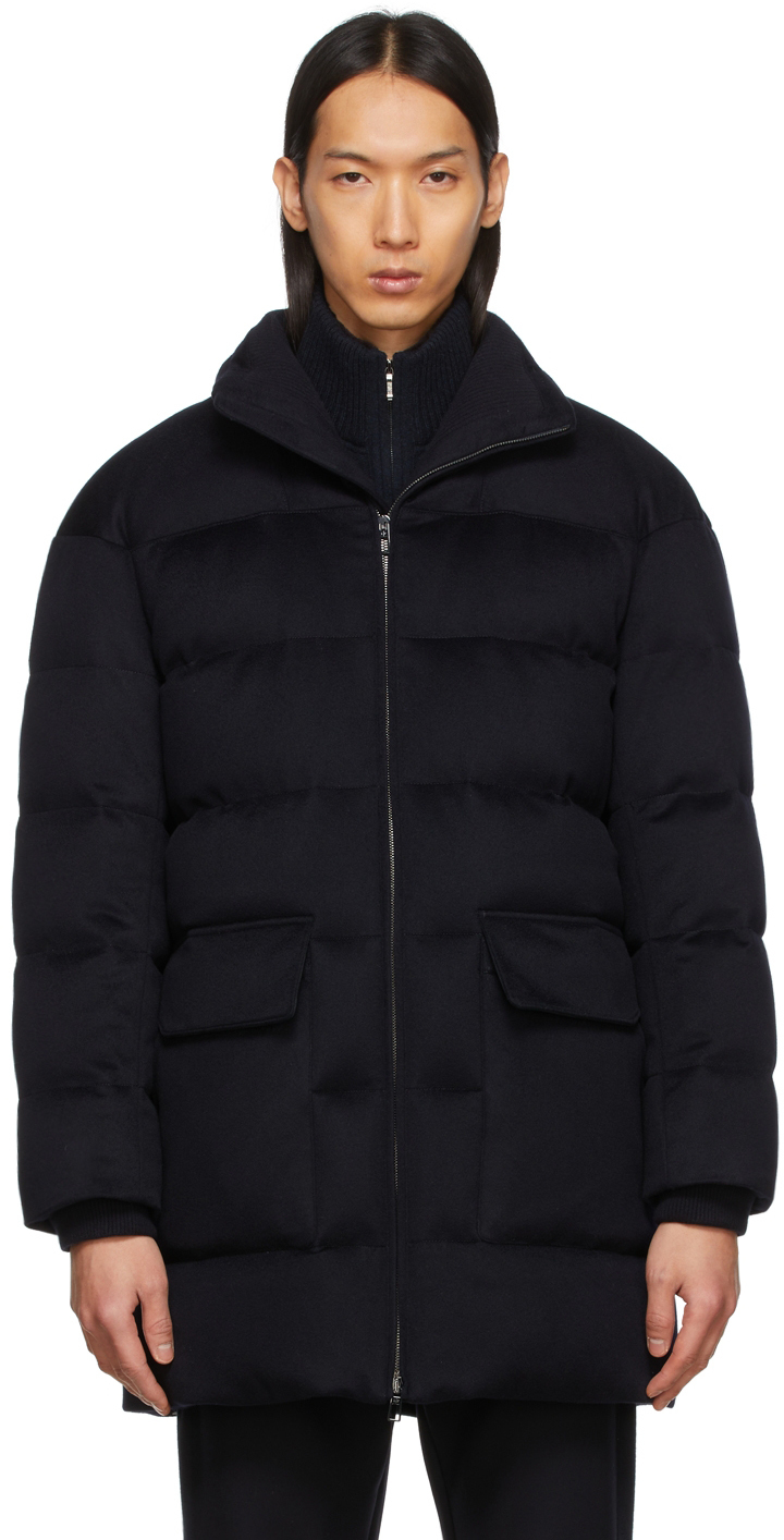 Loro Piana Navy Brushed Cashmere Down Jacket, $5,995 | SSENSE | Lookastic