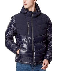 Tommy Hilfiger Chevron Colorblock Hooded Puffer Jacket In Midnight At Nordstrom