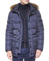 Moncler Cluny Nylon Puffer Jacket With Fur Hood Navy