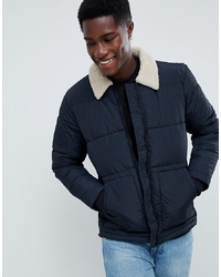 New Look Puffer Jacket With Borg Collar In Navy