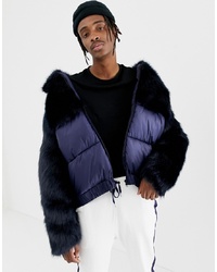 ASOS DESIGN Puffer Jacket With Faux Fur In Navy