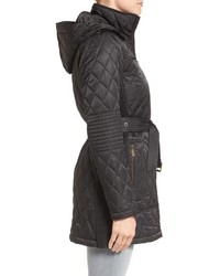 Vince Camuto Belted Mixed Quilted Coat With Detachable Hood
