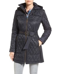 Vince Camuto Belted Mixed Quilted Coat With Detachable Hood