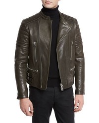 Navy Quilted Leather Biker Jacket