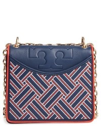 Tory Burch Chevron Embroidered Quilted Leather Crossbody Bag Blue