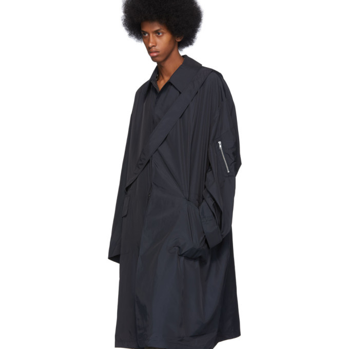 Random Identities Navy Satin Overcoat, $80 | SSENSE | Lookastic