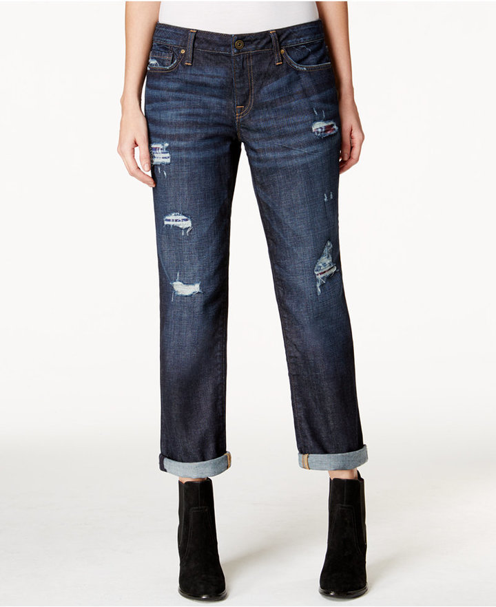 dark wash distressed boyfriend jeans