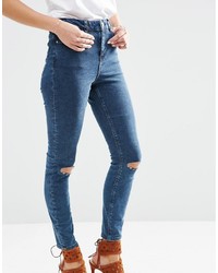Asos Collection Ridley Skinny Jeans In Mottled Dark Wash With Ripped Knees