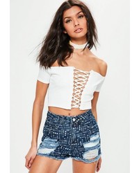 Missguided Blue Heart Arrows Ripped Denim Shorts