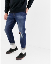 ASOS DESIGN 125oz Tapered Jeans In Dark Wash Blue With Rips