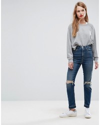 ASOS DESIGN Asos Farleigh High Waist Slim Mom Jeans In Sonnet Aged Vintage Dark Wash With Busts And Cinch Back