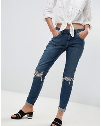 ASOS DESIGN Asos Kimmi Shrunken Boyfriend Jeans In Misty Aged Vintage Wash With Busts And Rips