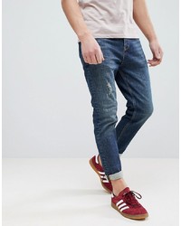 ASOS DESIGN Asos Tapered Jeans In 17oz Vintage Dark Wash With Abrasions