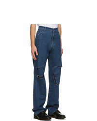 Raf Simons Navy Uneven Knee Patch Jeans