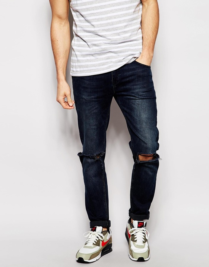 Asos Brand Stretch Slim Jeans In Dark Wash With Deep Knee Rips | Where ...