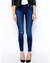 Asos Jameson Low Rise Denim Jeggings In Dark Wash With Ripped Knee