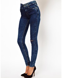 Asos Ridley High Waist Ultra Skinny Jeans In Dark Acid Wash With Ripped Knee