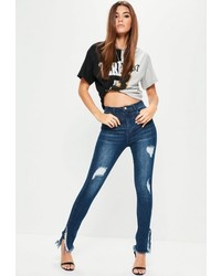 Missguided Blue High Waisted Side Split Skinny Jeans