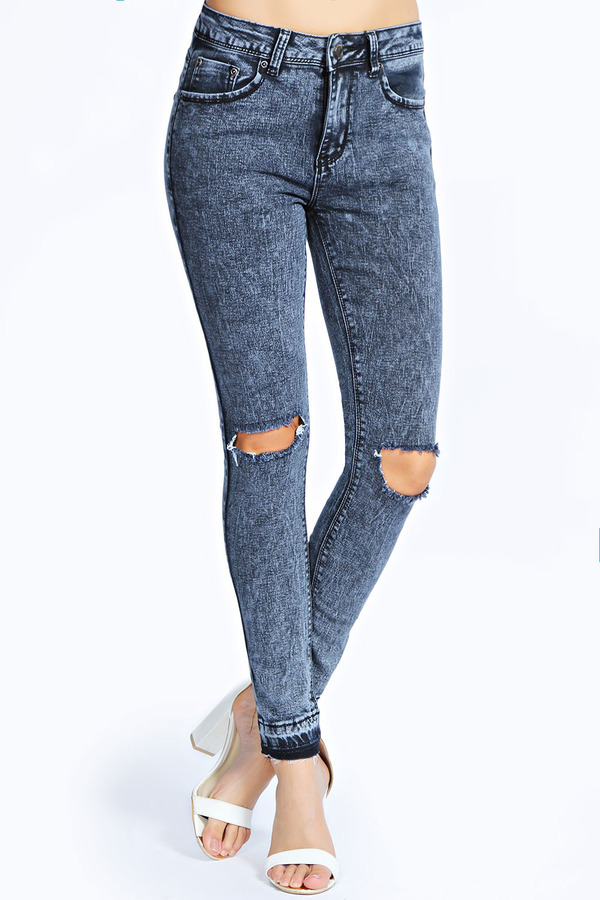 Boohoo Jessa Ripped Knee Cut Off Hem Skinny Jeans, $44 | BooHoo | Lookastic