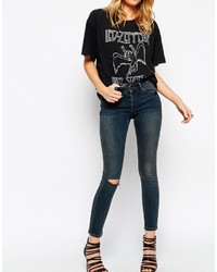 Asos Collection Lisbon Skinny Mid Rise Ankle Grazer Jeans In Dusk Dark Wash Blue With Ripped Knee