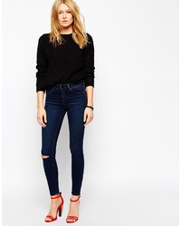Asos Collection Lisbon Skinny Midrise Jeans In Sapphire Blue Wash With Ripped Knee
