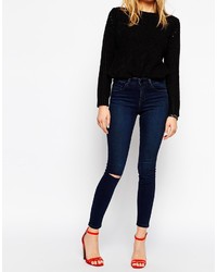 Asos Collection Lisbon Skinny Midrise Jeans In Sapphire Blue Wash With Ripped Knee