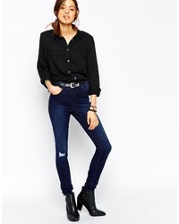 Asos Collection Ridley High Waist Ultra Skinny Jeans In Principal Dark Wash With Shredded Knee