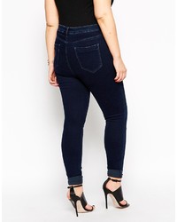 Asos Curve Ridley Skinny Jean In Sapphire Dark Wash With Busted Knees