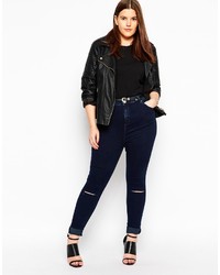 Asos Curve Ridley Skinny Jean In Sapphire Dark Wash With Busted Knees