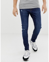 Bershka Join Life Super Skinny Jeans With Knee Rip And Abrasions In Dark Blue