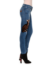Dolce & Gabbana Kitten Appliqu Distressed Skinny Jeans Indigo