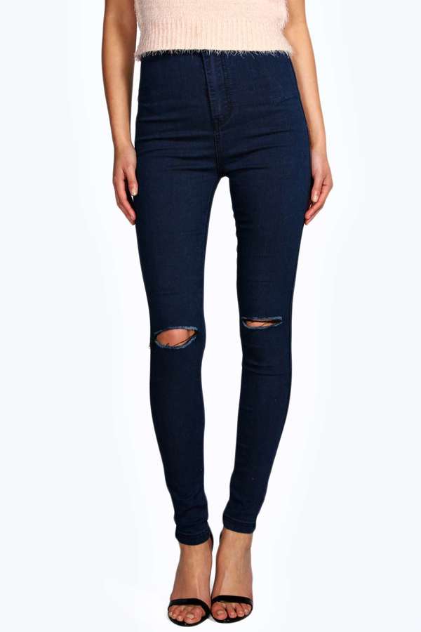 dark blue knee ripped jeans