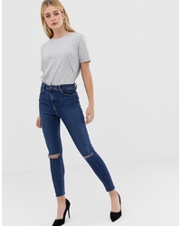 ASOS DESIGN Ridley High Waist Skinny Jeans In Dark Wash Blue With Ripped Knee Detail