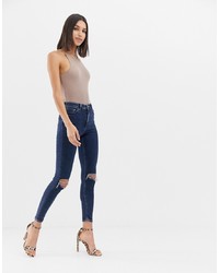 ASOS DESIGN Ridley High Waist Skinny Jeans In Deep Blue Wash With Busted Knees