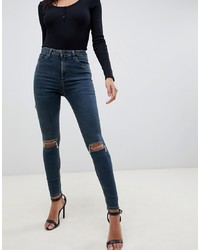ASOS DESIGN Ridley High Waist Skinny Jeans In London Wash Blue With Rips