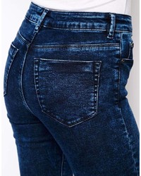 Asos Ridley High Waist Ultra Skinny Ankle Grazer Jeans In Dark Acid Wash Blue With Ripped Knees