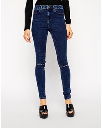 Asos Ridley High Waist Ultra Skinny Jeans In Midnight Dark Acid Wash With Ripped Knees