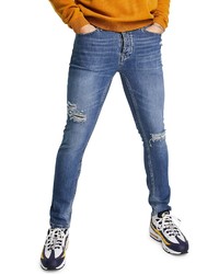 Topman Ripped Stretch Skinny Jeans In Mid Blue At Nordstrom