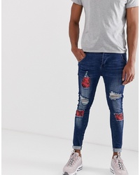 Siksilk Silksilk Distressed Jeans With Floral Patch In Dark Blue