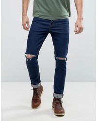 Asos Skinny 125oz Jeans With Rips In Dark Blue